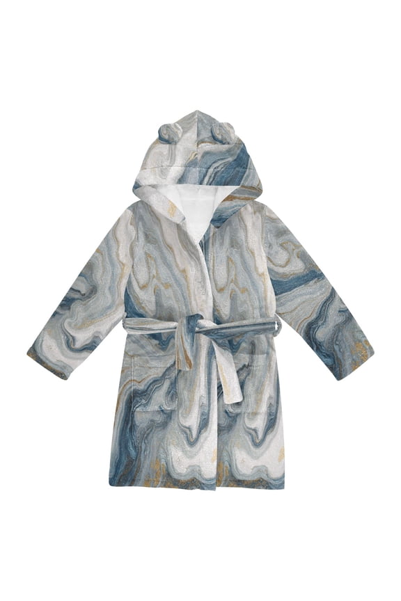 Hooded Fleece Bathrobe with Removable Belt and Pockets Soft and Absorbent for Home, Pool, Beach, Halloween, and Christmas Wear Gray Marble