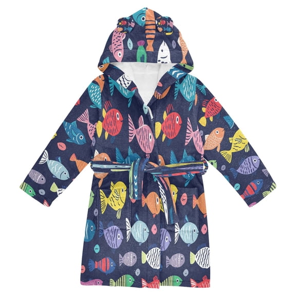 RMDQTR Hooded Fleece Bathrobe with Removable Belt and Pockets Soft and Absorbent for Home, Pool, Beach, Halloween, and Christmas Wear Hand-drawn Fish