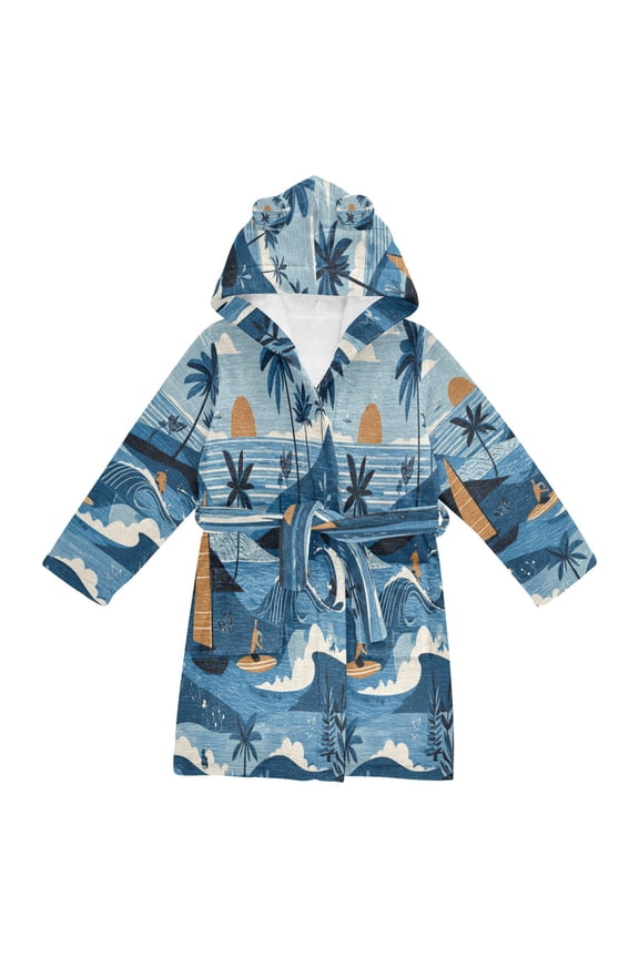 Hooded Fleece Bathrobe with Removable Belt and Pockets Soft and Absorbent for Home, Pool, Beach, Halloween, and Christmas Wear Hawaiian Surf