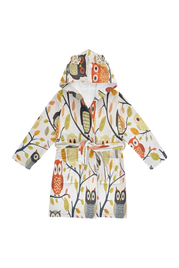 Hooded Fleece Bathrobe with Removable Belt and Pockets Soft and Absorbent for Home, Pool, Beach, Halloween, and Christmas Wear Owl Pattern