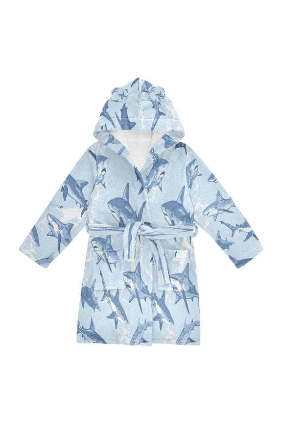 Hooded Fleece Bathrobe with Removable Belt and Pockets Soft and Absorbent for Home, Pool, Beach, Halloween, and Christmas Wear Sharks