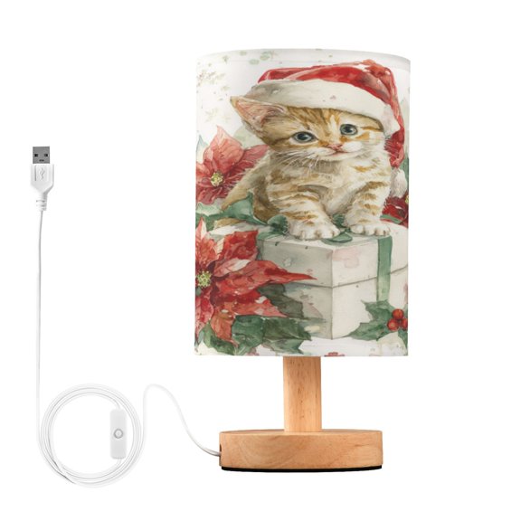 RMDQTR LED Push-Button Switch Warm-Tone Desk Lamp Plug-and-Play No Assembly Required Poinsettia Flowers and Christmas Kitten