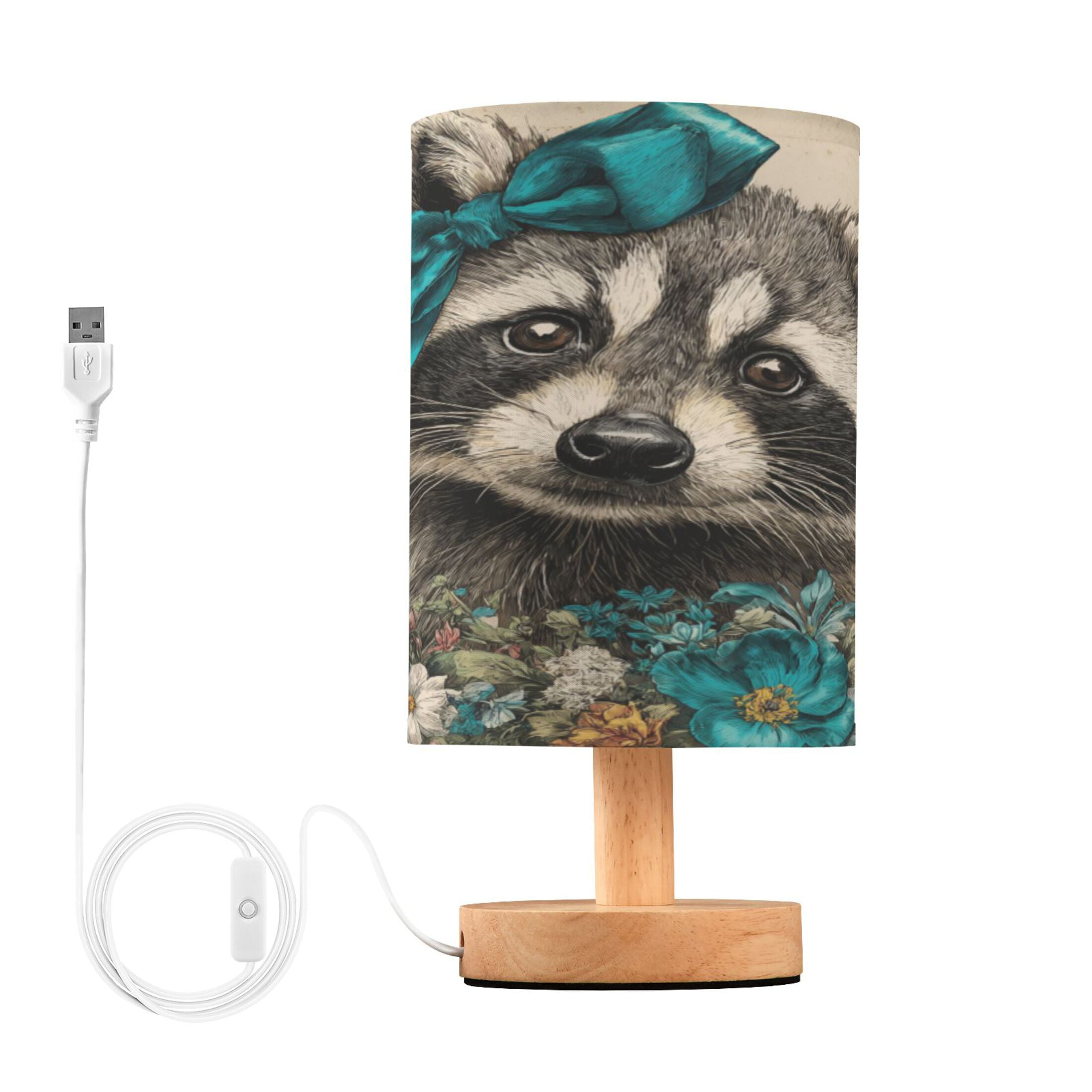 RMDQTR LED Push-Button Switch Warm-Tone Desk Lamp Plug-and-Play No Assembly Required Raccoon with A Blue Bow