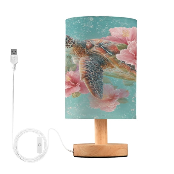 RMDQTR LED Push-Button Switch Warm-Tone Desk Lamp Plug-and-Play No Assembly Required Turtle with Pink Hibiscus Flowers