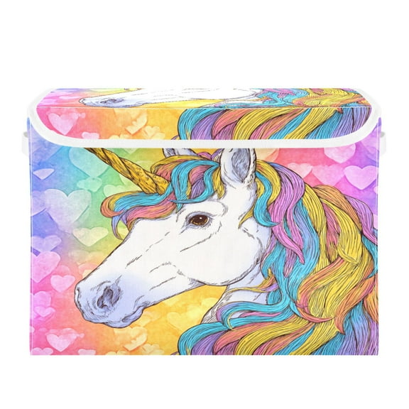 RMDQTR Large Collapsible Storage Box Flip Lid Fabric Decorative Organizer Container Basket with Handles 16.512.611.8in Beautiful Unicorn with A Rainbow