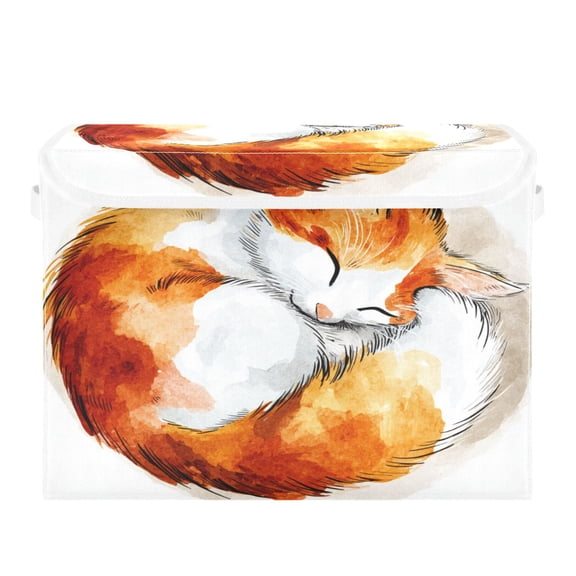 RMDQTR Large Collapsible Storage Box Flip Lid Fabric Decorative Organizer Container Basket with Handles 16.512.611.8in Cute Sleeping Orange Cat