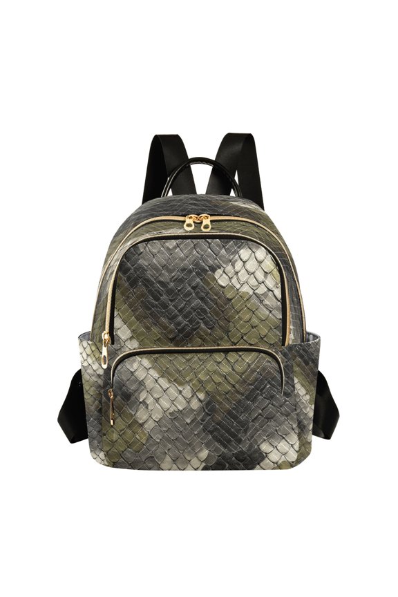 Quilted Backpack Lightweight Casual Daypack with Multi Zipper Pockets for Travel Daily Use Shopping Sports Greenish-brown Snake Skin Print Pattern