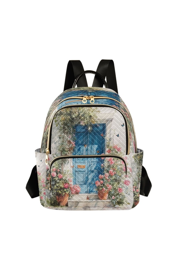Quilted Backpack Lightweight Casual Daypack with Multi Zipper Pockets for Travel Daily Use Shopping Sports Blue Door with Pink Roses