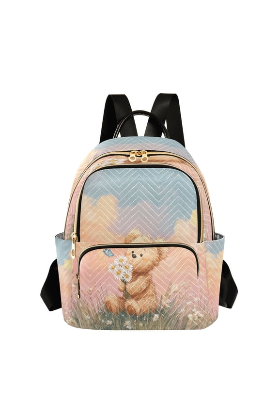 Quilted Backpack Lightweight Casual Daypack with Multi Zipper Pockets for Travel Daily Use Shopping Sports Blush Sky Teddy Bear