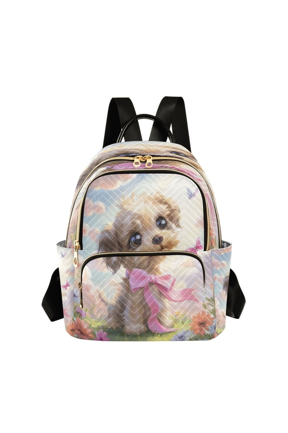 Quilted Backpack Lightweight Casual Daypack with Multi Zipper Pockets for Travel Daily Use Shopping Sports Cartoon Long-haired Teddy