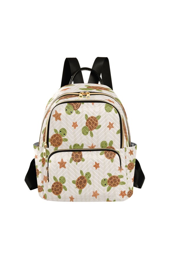 Quilted Backpack Lightweight Casual Daypack with Multi Zipper Pockets for Travel Daily Use Shopping Sports Cute Turtle Sea Star Pattern