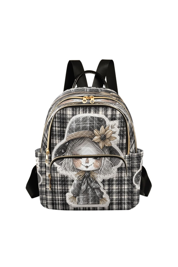 Quilted Backpack Lightweight Casual Daypack with Multi Zipper Pockets for Travel Daily Use Shopping Sports Dark-themed Straw Doll