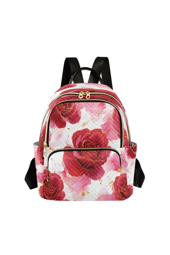 Quilted Backpack Lightweight Casual Daypack with Multi Zipper Pockets for Travel Daily Use Shopping Sports Digital Art Red Roses Pattern