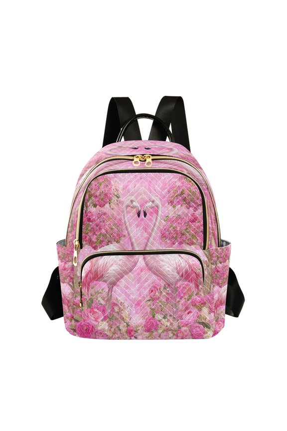 Quilted Backpack Lightweight Casual Daypack with Multi Zipper Pockets for Travel Daily Use Shopping Sports Flamingo Love Pink Paradise