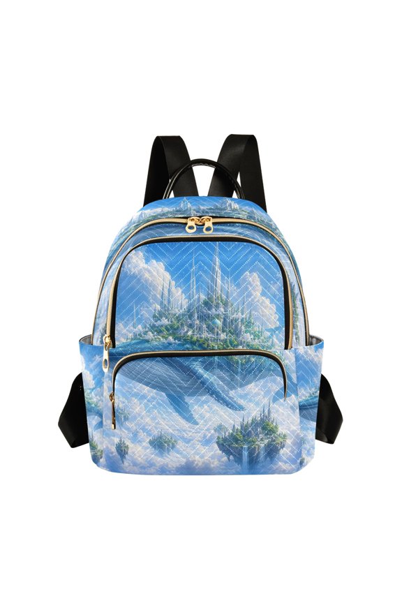 Quilted Backpack Lightweight Casual Daypack with Multi Zipper Pockets for Travel Daily Use Shopping Sports Flying Whale Sky Castle