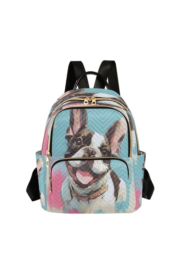 Quilted Backpack Lightweight Casual Daypack with Multi Zipper Pockets for Travel Daily Use Shopping Sports Happy Frenchie Pop Portrait