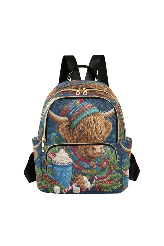 Quilted Backpack Lightweight Casual Daypack with Multi Zipper Pockets for Travel Daily Use Shopping Sports Highland Cow and Hot Chocolate