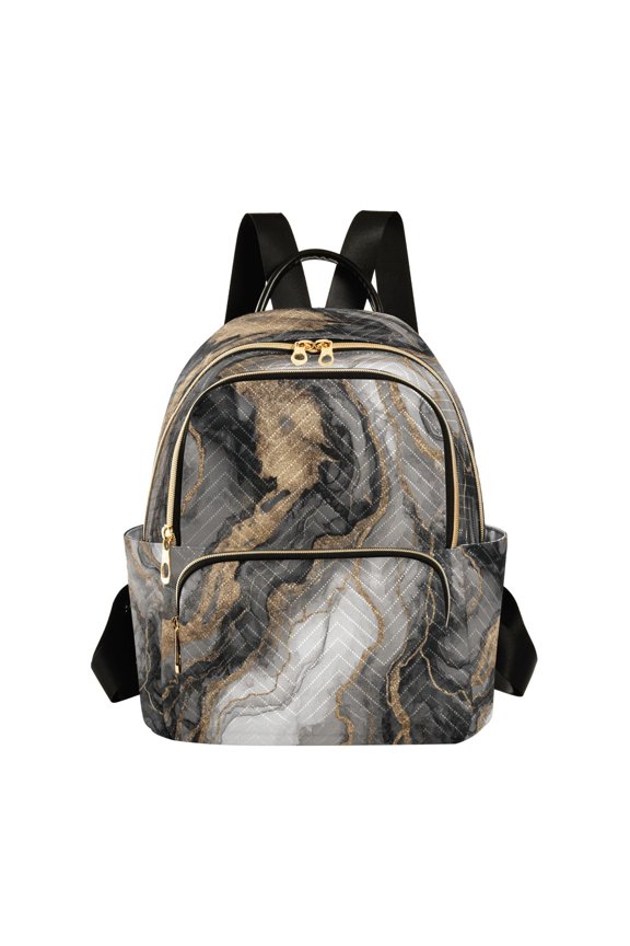 Quilted Backpack Lightweight Casual Daypack with Multi Zipper Pockets for Travel Daily Use Shopping Sports Luxury Gold Vein Abstract Texture