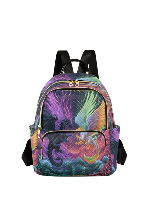 Quilted Backpack Lightweight Casual Daypack with Multi Zipper Pockets for Travel Daily Use Shopping Sports Magic Dragon Game Card