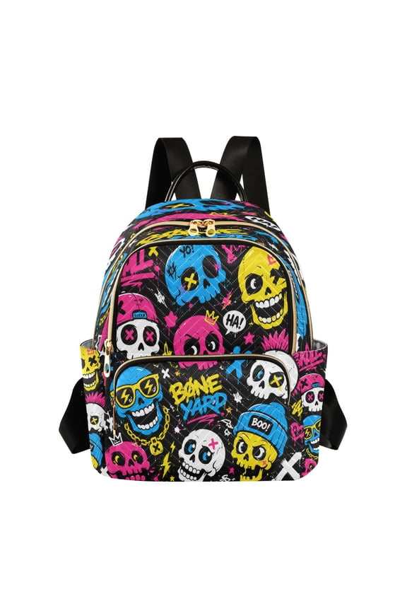 Quilted Backpack Lightweight Casual Daypack with Multi Zipper Pockets for Travel Daily Use Shopping Sports Neon Graffiti Skulls Pattern