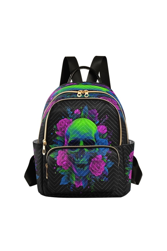 Quilted Backpack Lightweight Casual Daypack with Multi Zipper Pockets for Travel Daily Use Shopping Sports Neon Rose Skull Design