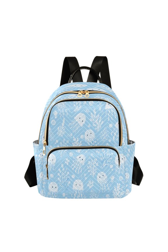 Quilted Backpack Lightweight Casual Daypack with Multi Zipper Pockets for Travel Daily Use Shopping Sports Ocean Cute Jellyfish Pattern