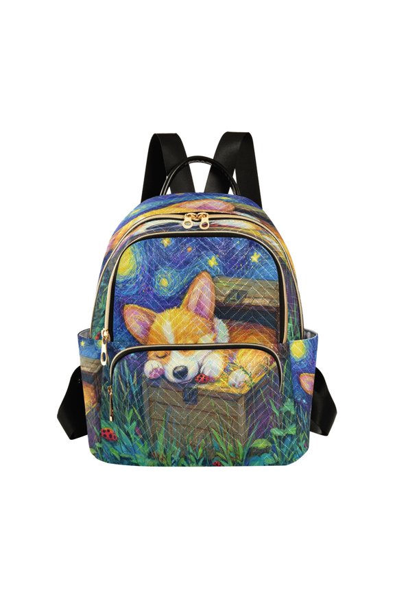 Quilted Backpack Lightweight Casual Daypack with Multi Zipper Pockets for Travel Daily Use Shopping Sports Oil Painting Of A Sleeping Corgi