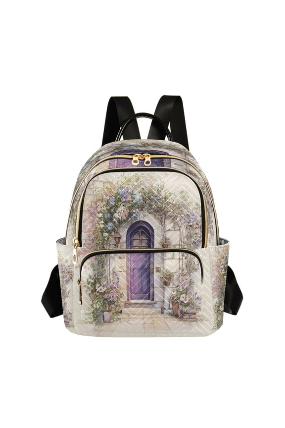 Quilted Backpack Lightweight Casual Daypack with Multi Zipper Pockets for Travel Daily Use Shopping Sports Purple Door in Blooms