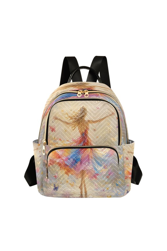 Quilted Backpack Lightweight Casual Daypack with Multi Zipper Pockets for Travel Daily Use Shopping Sports Rainbow Dress Dancer Print