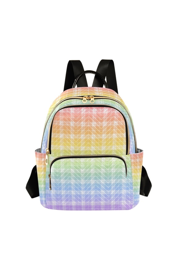Quilted Backpack Lightweight Casual Daypack with Multi Zipper Pockets for Travel Daily Use Shopping Sports Rainbow Ombre Plaid Design
