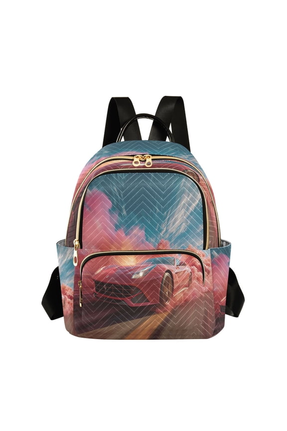 Quilted Backpack Lightweight Casual Daypack with Multi Zipper Pockets for Travel Daily Use Shopping Sports Red Sports Car