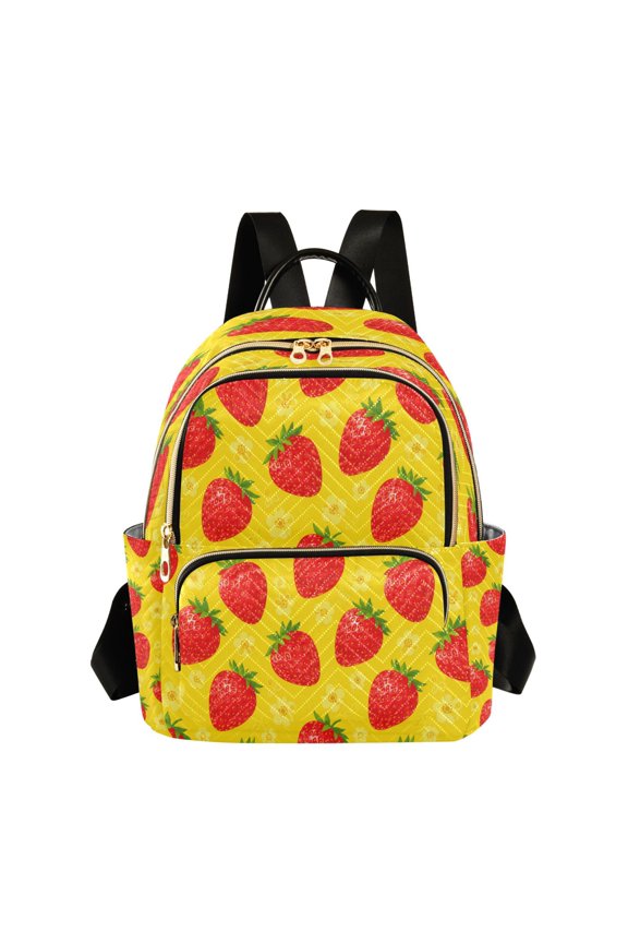 Quilted Backpack Lightweight Casual Daypack with Multi Zipper Pockets for Travel Daily Use Shopping Sports Red Strawberry Flower Design