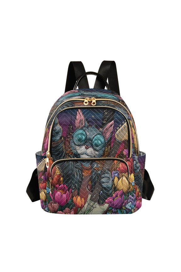 Quilted Backpack Lightweight Casual Daypack with Multi Zipper Pockets for Travel Daily Use Shopping Sports Rockstar Cat