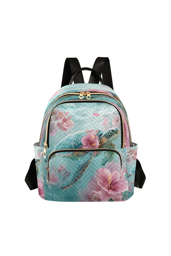 Quilted Backpack Lightweight Casual Daypack with Multi Zipper Pockets for Travel Daily Use Shopping Sports Sea Turtle with Hibiscus Flowers