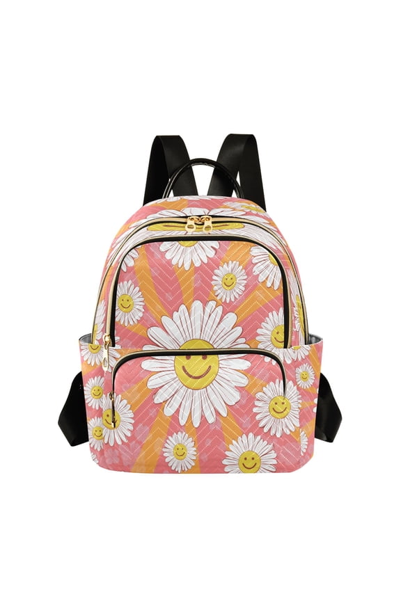 Quilted Backpack Lightweight Casual Daypack with Multi Zipper Pockets for Travel Daily Use Shopping Sports Smiley Face on Orange Background