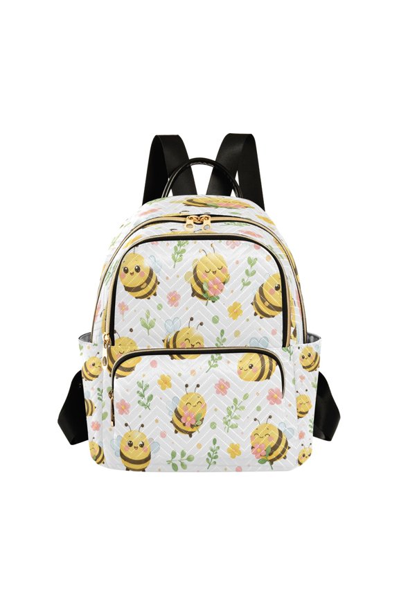 Quilted Backpack Lightweight Casual Daypack with Multi Zipper Pockets for Travel Daily Use Shopping Sports Soft Cartoon Bee Floral Design