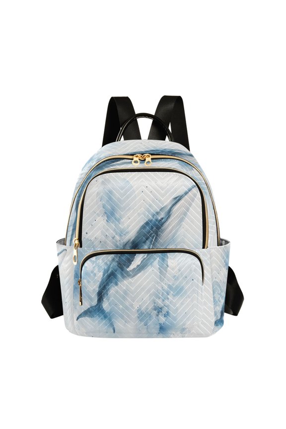 Quilted Backpack Lightweight Casual Daypack with Multi Zipper Pockets for Travel Daily Use Shopping Sports Soft Ink Wash Whale Pattern