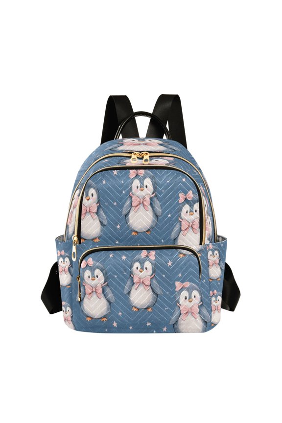 Quilted Backpack Lightweight Casual Daypack with Multi Zipper Pockets for Travel Daily Use Shopping Sports Starry Penguin Bows