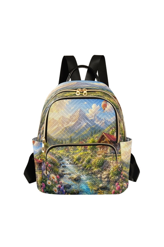 Quilted Backpack Lightweight Casual Daypack with Multi Zipper Pockets for Travel Daily Use Shopping Sports Sunny Mountain Village Pattern