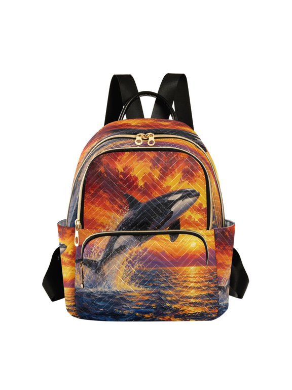 Quilted Backpack Lightweight Casual Daypack with Multi Zipper Pockets for Travel Daily Use Shopping Sports Sunset Ocean Orca Painting