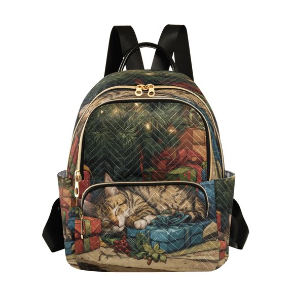 RMDQTR Quilted Backpack Lightweight Casual Daypack with Multi Zipper Pockets for Travel Daily Use Shopping Sports Tabby Cat and Christmas Presents