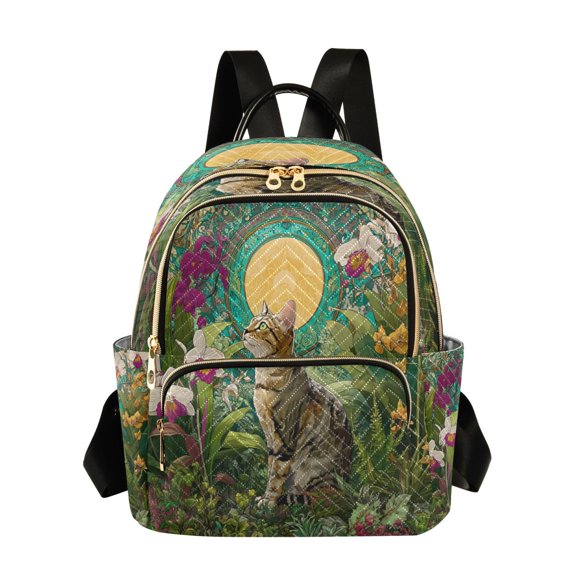 RMDQTR Quilted Backpack Lightweight Casual Daypack with Multi Zipper Pockets for Travel Daily Use Shopping Sports Tabby in The Garden