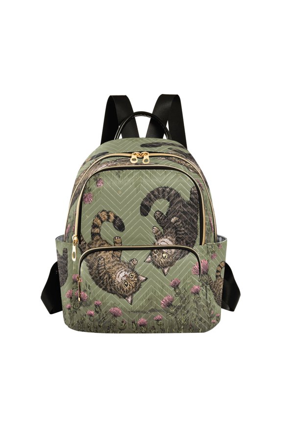 Quilted Backpack Lightweight Casual Daypack with Multi Zipper Pockets for Travel Daily Use Shopping Sports Two Cute Chinese Field Cats