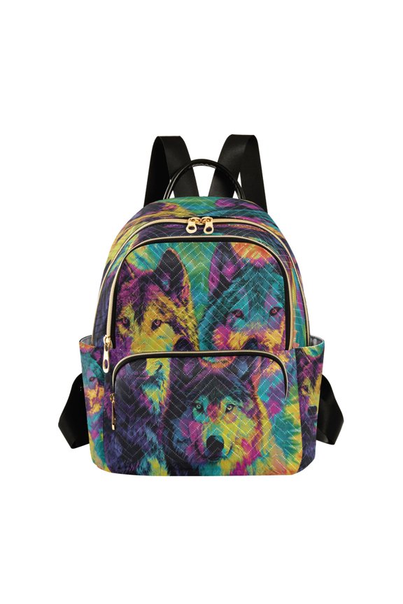 Quilted Backpack Lightweight Casual Daypack with Multi Zipper Pockets for Travel Daily Use Shopping Sports Vibrant Wolf Tie-dye