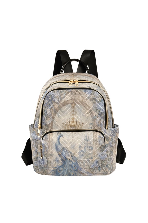 Quilted Backpack Lightweight Casual Daypack with Multi Zipper Pockets for Travel Daily Use Shopping Sports Vintage Peacock Castle Pattern