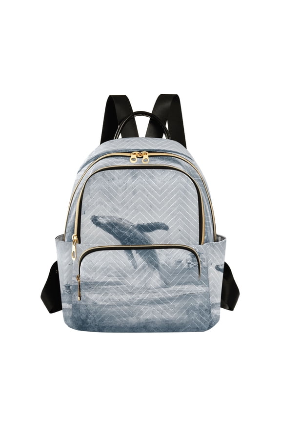 Quilted Backpack Lightweight Casual Daypack with Multi Zipper Pockets for Travel Daily Use Shopping Sports Whales Leap Out Of The Sea