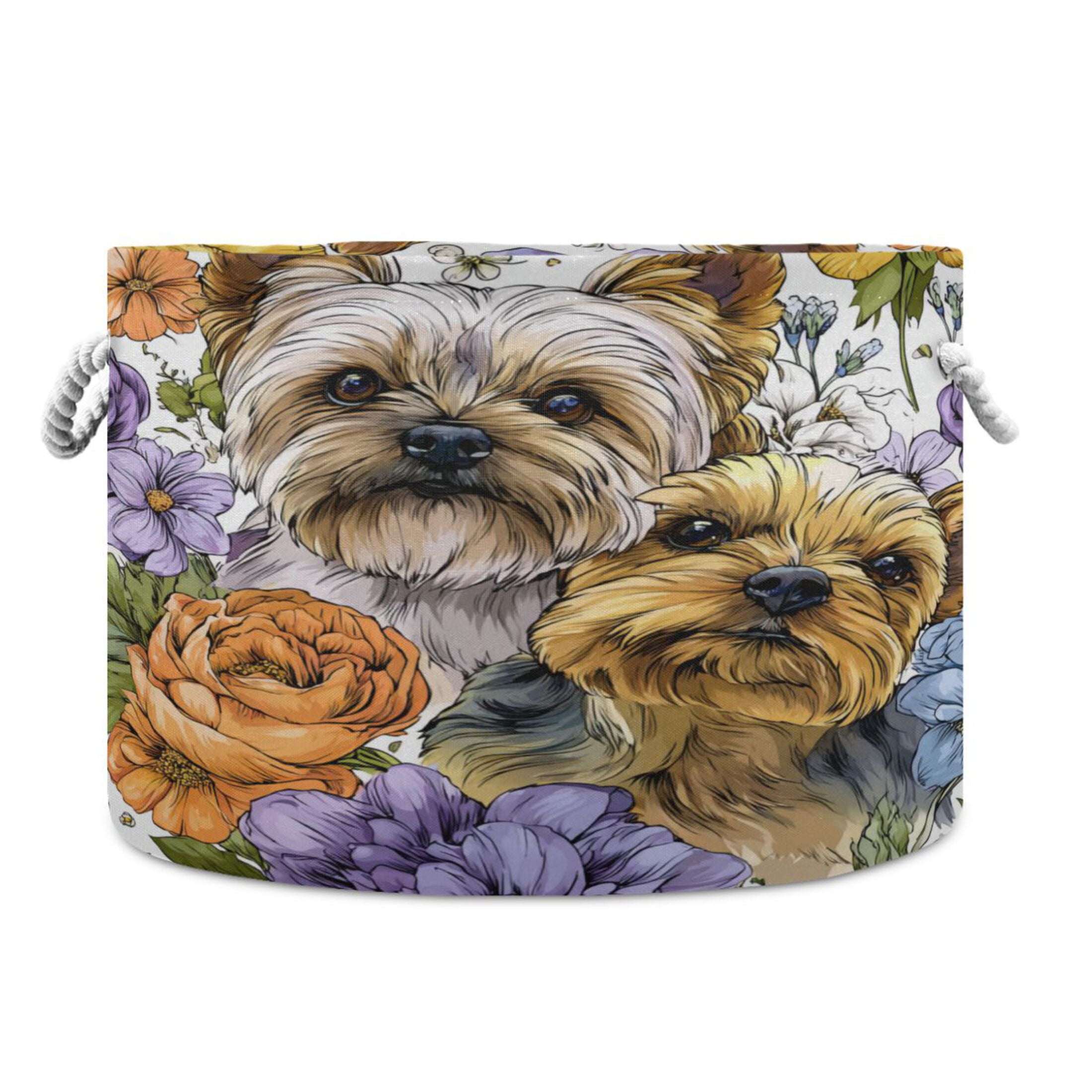 RMDQTR Round Toy Storage Basket Foldable Storage Basket for Home Decor Laundry Basket20" x 14" Lovely Yorkshire Terrier Dogs