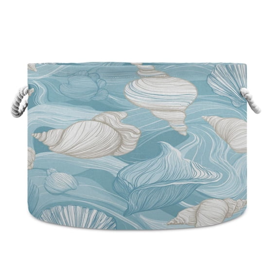 RMDQTR Round Toy Storage Basket Foldable Storage Basket for Home Decor Laundry Basket20" x 14" Seashells and Sea Waves Pattern