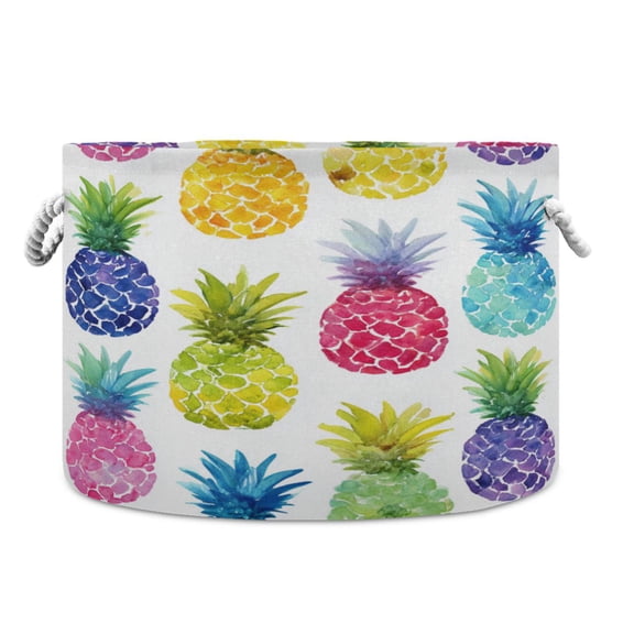 RMDQTR Round Toy Storage Basket Foldable Storage Basket for Home Decor Laundry Basket20" x 14" Vibrant Watercolor Pineapples