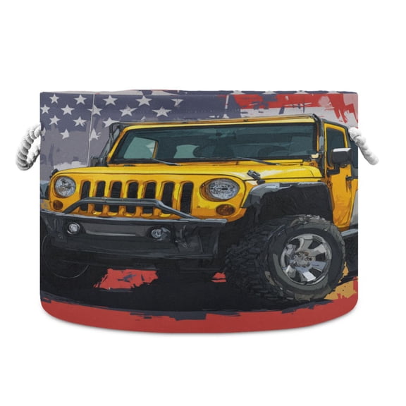 RMDQTR Round Toy Storage Basket Foldable Storage Basket for Home Decor Laundry Basket20" x 14" Yellow Jeep Car Pattern